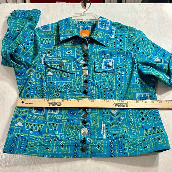 Hearts of Palm Petite 10P Turquoise Aztec Print Studded Cotton Stretch Jacket - Picture 5 of 9